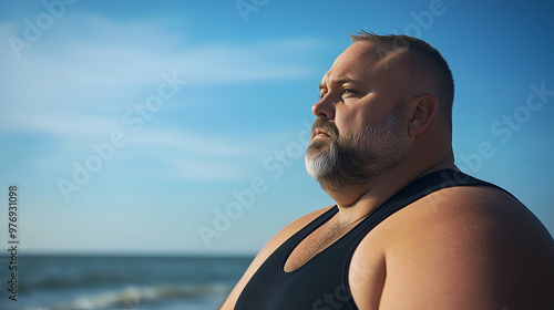 An overweight man in a black tank top standing on the beach. photo