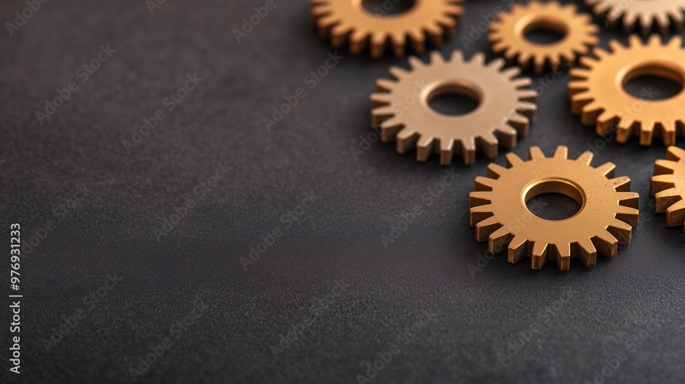 Close-up of metallic gears arranged on a dark background, showcasing intricate details and craftsmanship, perfect for engineering designs. Close-up of metallic gears arranged on a dark background, showcasing intricate details and craftsmanship, perfect for engineering designs.