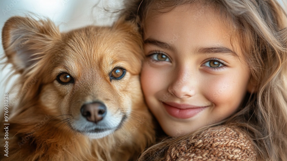 A Child's Best Friend: A heartwarming image of a young girl with a sweet smile, cuddling close to her loyal canine companion, capturing the pure bond of friendship and love. A Child's Best Friend: A heartwarming image of a young girl with a sweet smile, cuddling close to her loyal canine companion, capturing the pure bond of friendship and love.