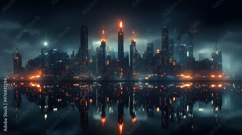 Fototapeta premium A futuristic cityscape with tall buildings and glowing lights reflected in the water.