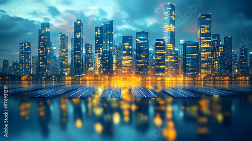 A futuristic cityscape with...
