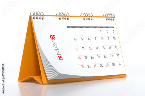 May 2025 Calendar and Thumbtacks on orange, white, background Background. 3d Rendering photo