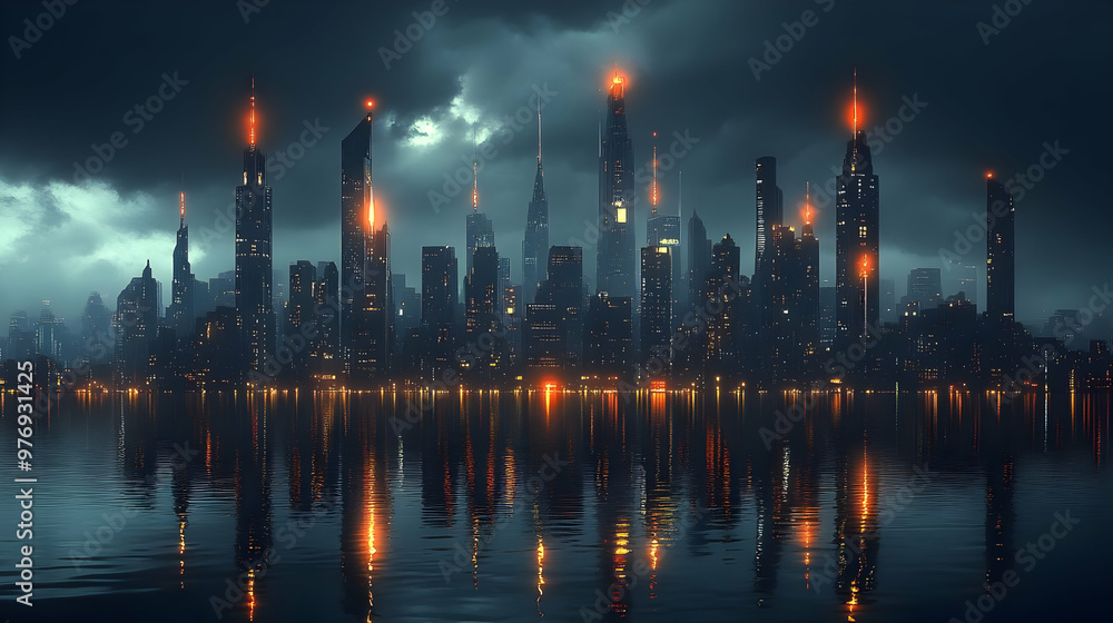 Naklejka premium A futuristic cityscape with towering skyscrapers and neon lights reflected in a calm body of water.