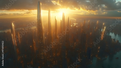 A futuristic cityscape with...