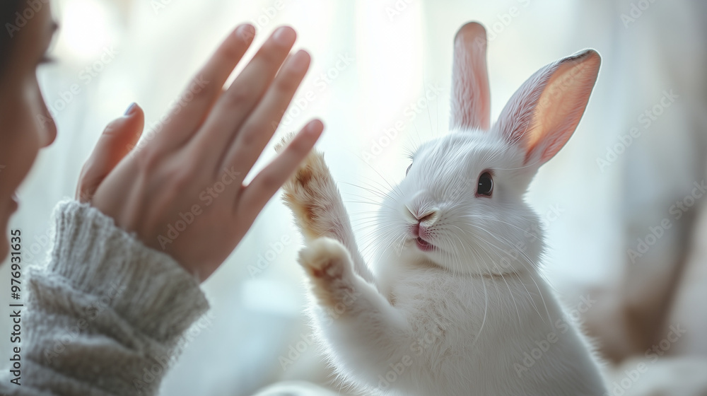 Obraz premium A joyful moment of a person high-fiving a happy cute white rabbit, both smiling, isolated on a white background