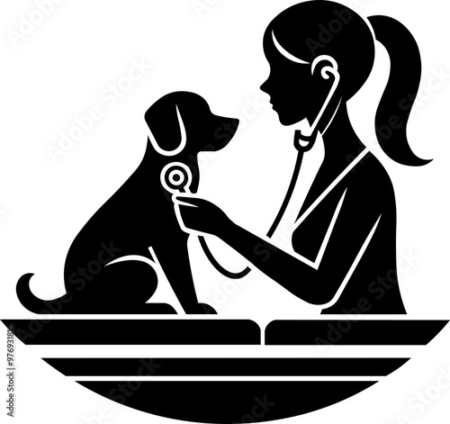 Minimalist illustration of a veterinarian consulting a dog with a stethoscope. Preventive pet consultation