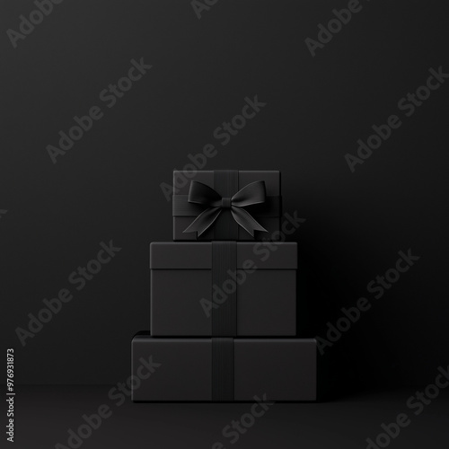 Stack of black gift boxes with ribbon, elegant presentation, monochrome luxury design