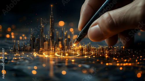 A hand draws a glowing city...