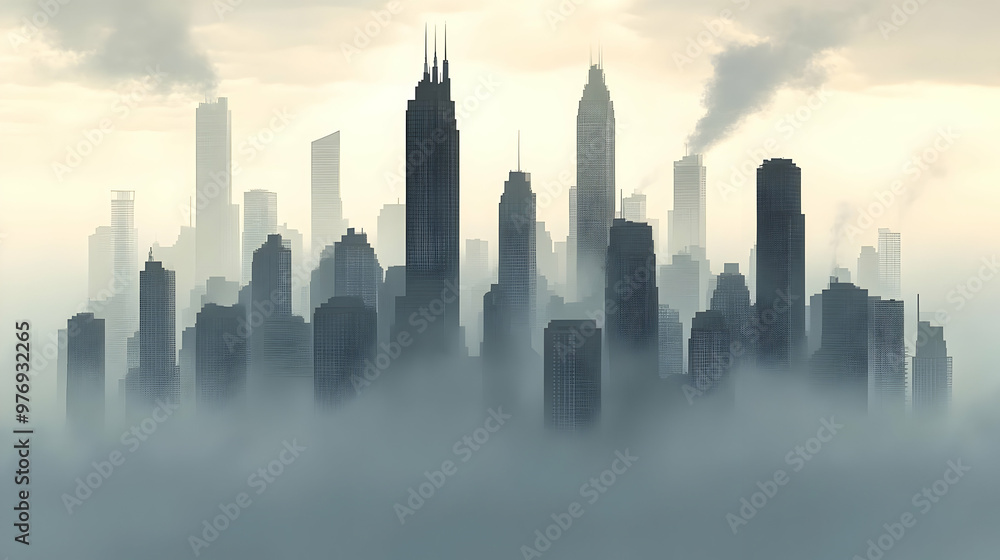 Fototapeta premium A hazy cityscape with tall buildings silhouetted against a cloudy sky.