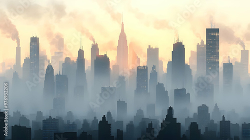 A hazy cityscape at dawn wi...