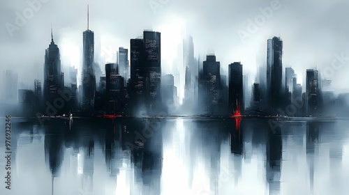 A hazy cityscape with tall ...