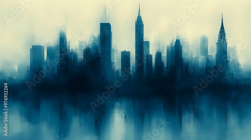 A hazy cityscape skyline re...
