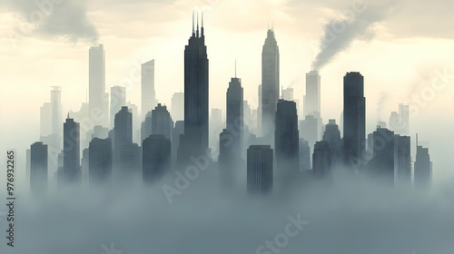 A hazy cityscape with tall buildings silhouetted against a cloudy sky.