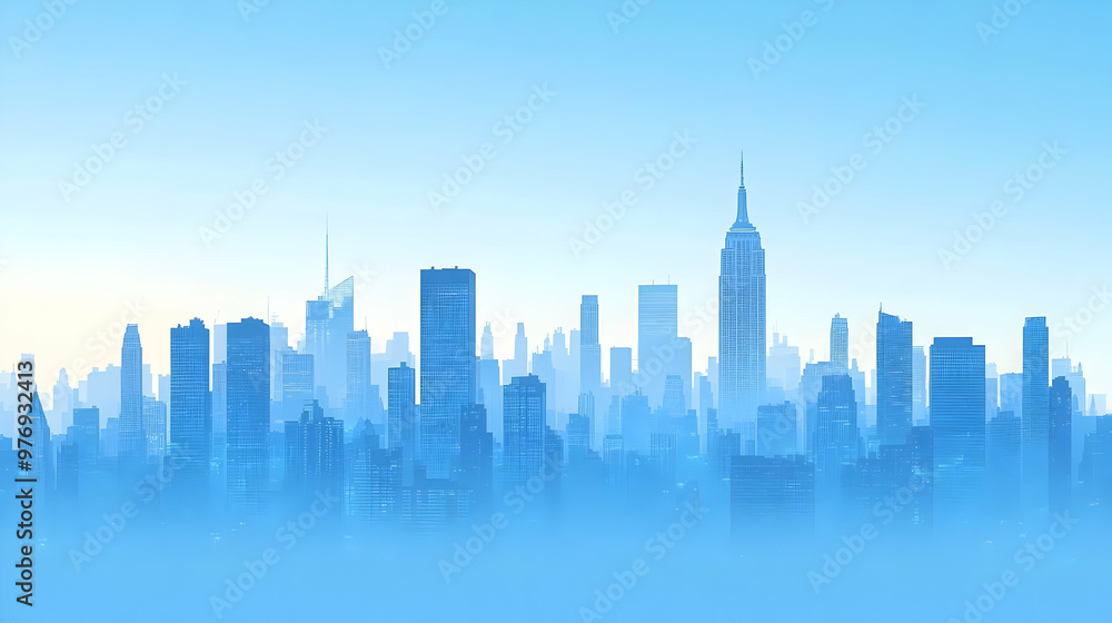 Obraz premium A hazy skyline of a modern city with tall skyscrapers reaching towards the sky.