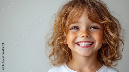 Little Girl's Bright Smile: A portrait of a young girl with curly, reddish-blonde hair, beaming a wide, genuine smile that radiates warmth and innocence. Her bright, white teeth and sparkling eyes cap