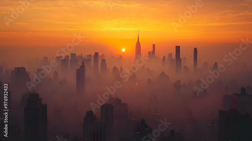 A hazy sunrise over a dense...