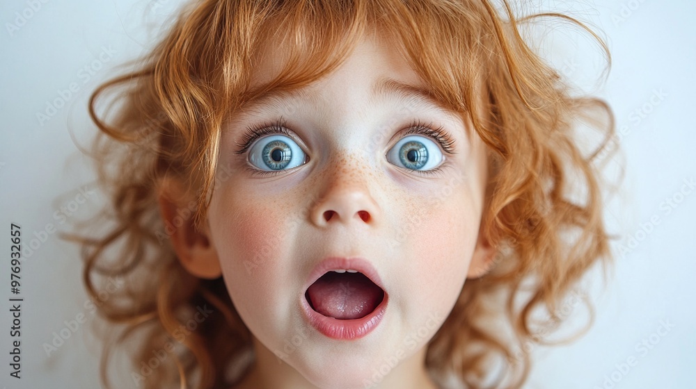 Wide-Eyed Wonder: A close-up portrait of a little girl with bright blue eyes and auburn curls, her mouth agape in a look of pure astonishment. Her wide-eyed expression is captivating, capturing a mom Wide-Eyed Wonder: A close-up portrait of a little girl with bright blue eyes and auburn curls, her mouth agape in a look of pure astonishment. Her wide-eyed expression is captivating, capturing a mom