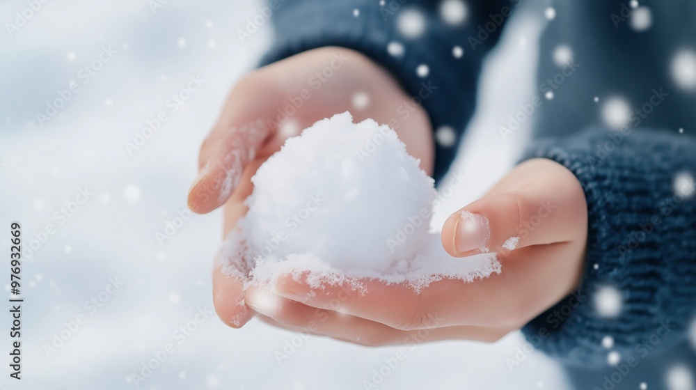 A child holds a snowball in their hands while snow gently falls in a winter landscape. A child holds a snowball in their hands while snow gently falls in a winter landscape.