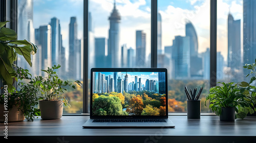 A laptop on a desk with a c...