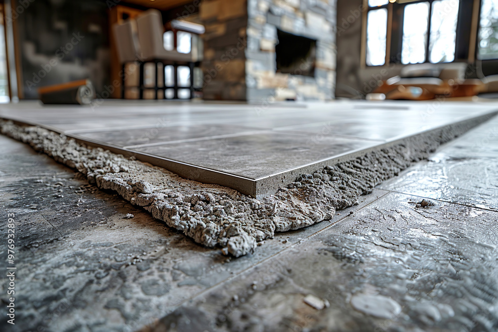 Laying ceramic tiles on a concrete floor with a fireplace in the background Laying ceramic tiles on a concrete floor with a fireplace in the background