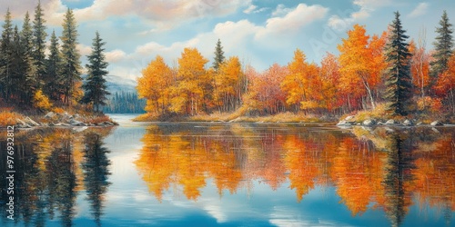 tranquil lake reflecting autumn trees