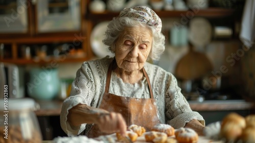 An elderly woman baking in her kitchen, preparing delicious treats and embracing her passion for cooking.