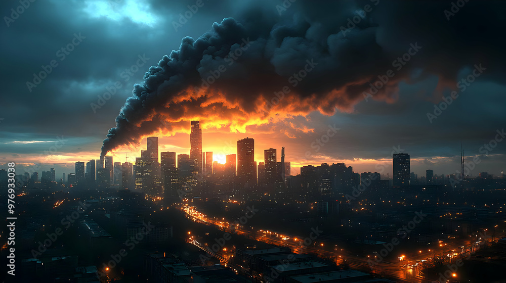 A large plume of smoke rises from a city skyline at sunset, casting a dark shadow over the buildings and streets below. A large plume of smoke rises from a city skyline at sunset, casting a dark shadow over the buildings and streets below.