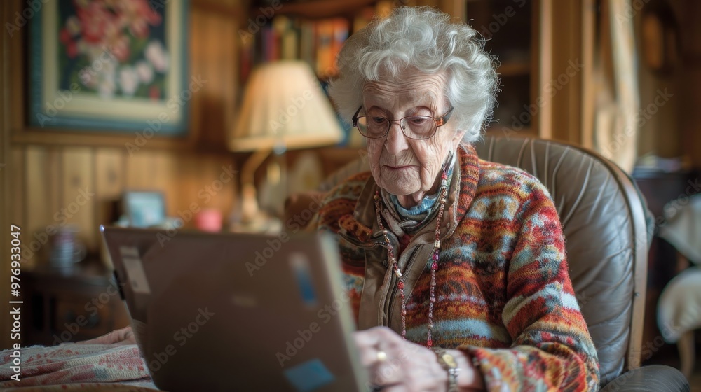 An elderly woman using a laptop at home, staying connected with family and learning new skills. An elderly woman using a laptop at home, staying connected with family and learning new skills.