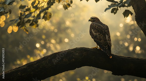 A hawk perched on a tree branch in a woodland area. photo