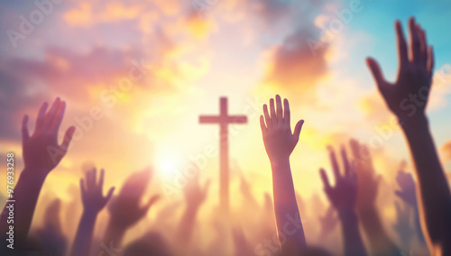 Hands Raised in Prayer with Blurred Cross and Sunset Background, Symbolizing Christian Worship, Easter, and Hope in Jesus Christ