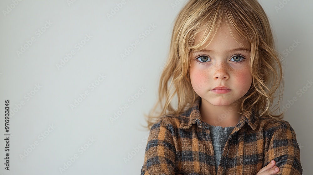 The Weight of a Glance: A young girl with captivating blue eyes and windswept blonde hair, dressed in a cozy plaid shirt, gazes intently at the camera with a mix of innocence and wisdom. The Weight of a Glance: A young girl with captivating blue eyes and windswept blonde hair, dressed in a cozy plaid shirt, gazes intently at the camera with a mix of innocence and wisdom.