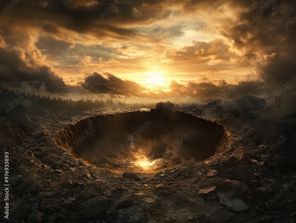 Fototapeta premium Dramatic Sunset Over a Mysterious Crater in a Rocky Landscape with Dramatic Clouds