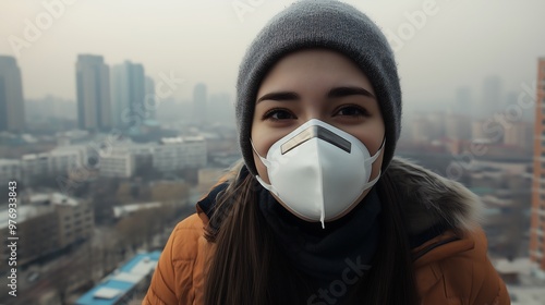 Woman Wearing Mask with City Smog in Background, Pollution Concern photo