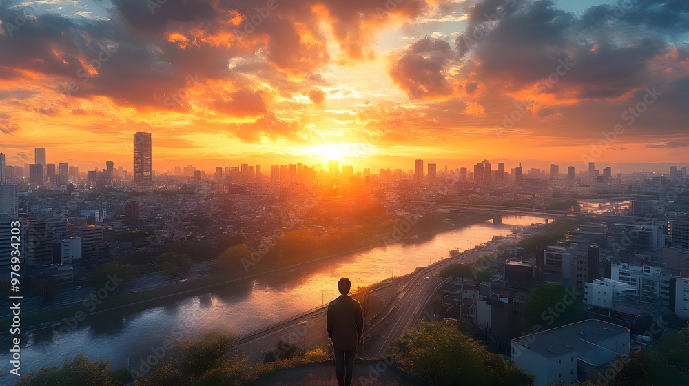 A lone figure stands on a hilltop overlooking a city skyline at sunset A lone figure stands on a hilltop overlooking a city skyline at sunset