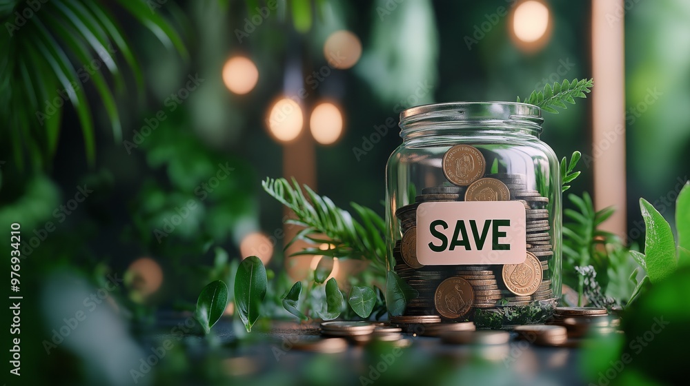 Glass jar filled with coins and labeled Save, surrounded by plants, promoting savings concept. Glass jar filled with coins and labeled Save, surrounded by plants, promoting savings concept.