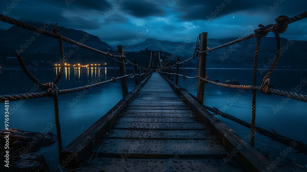 Fototapeta premium At midnight a lakeside walkway with energetic ropes