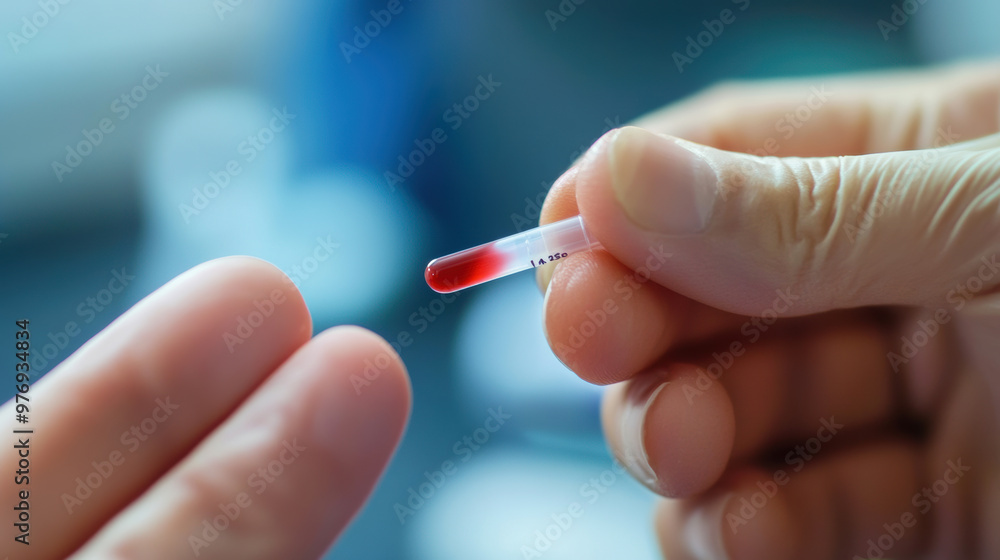 A close up of patients finger holding small blood sample in test tube, showcasing medical process and attention to detail in healthcare A close up of patients finger holding small blood sample in test tube, showcasing medical process and attention to detail in healthcare