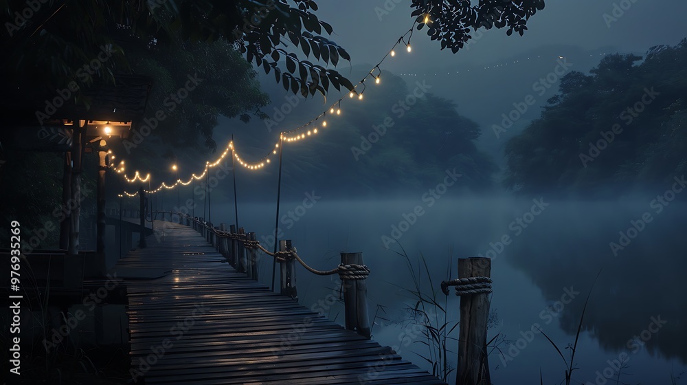 Fototapeta premium At midnight a lakeside walkway with energetic ropes