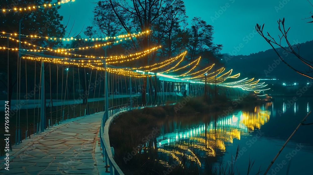 Fototapeta premium At midnight a lakeside walkway with energetic ropes