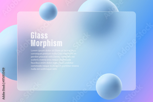 Glass morphism website landing page template. Transparent horizontal presentation screen with glass overlay effect on gradient blue spheres.
