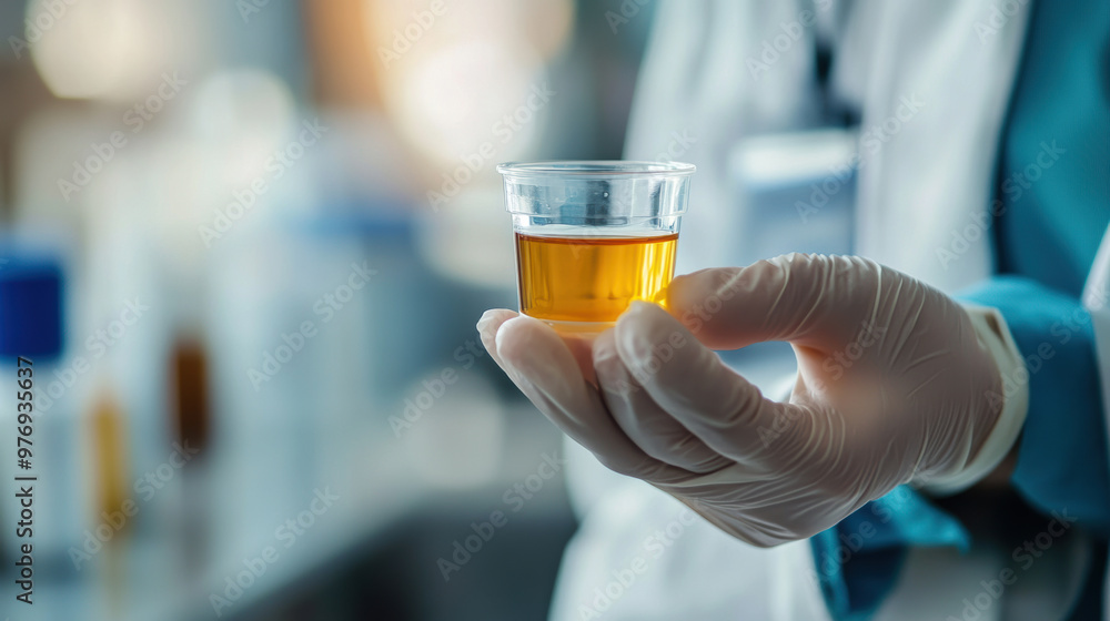 A doctor is holding small cup of urine, showcasing clear liquid in medical setting. scene conveys sense of professionalism and care in healthcare A doctor is holding small cup of urine, showcasing clear liquid in medical setting. scene conveys sense of professionalism and care in healthcare
