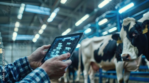 A farmer using a tablet to control robotic arms milking cows in a futuristic dairy farm.