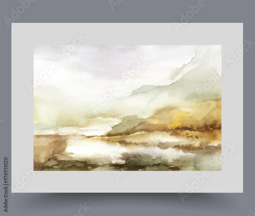 Autumn landscape with marshy areas at foot mountains or high hills, in cloudy weather. Watercolor artwork with autumn nature with picturesque lake with coastline overgrown with wild bushes and trees