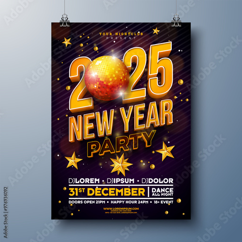 Happy New Year 2025 Party Celebration Poster Template Illustration with Shiny Disco Ball and 3d Typography Lettering on Black Background. Vector New Year Eve Holiday Design. Premium Invitation Flyer