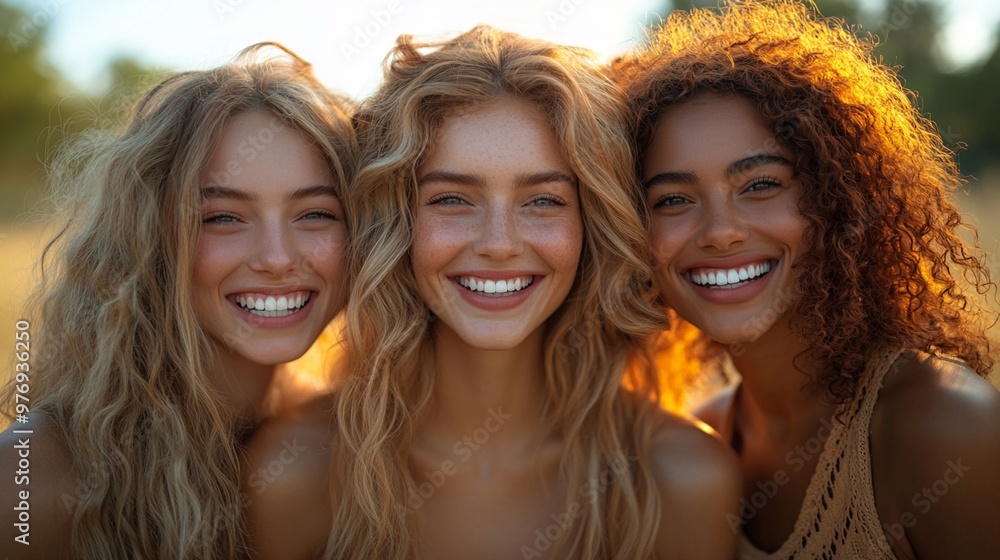 Golden Hour Friendship: Three diverse young women bask in the warm glow of the setting sun, their genuine smiles and radiant beauty radiating friendship, joy, and carefree happiness. Golden Hour Friendship: Three diverse young women bask in the warm glow of the setting sun, their genuine smiles and radiant beauty radiating friendship, joy, and carefree happiness.