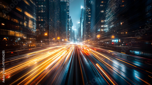 A long exposure shot of a city street at night with traffic streaks of light.