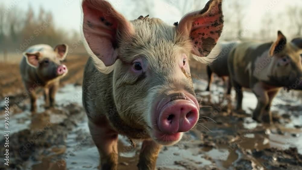 Pigs in automated feeding stations, with data analytics displayed on overhead monitors. Pigs in automated feeding stations, with data analytics displayed on overhead monitors.
