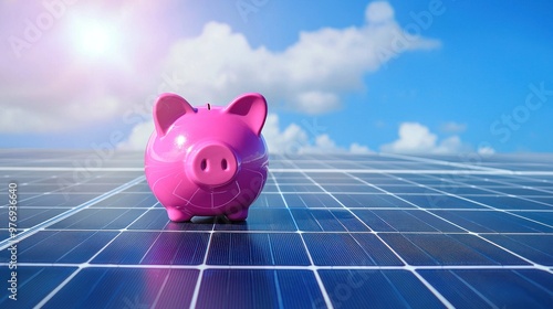 Pink piggy bank on a solar panel background, a concept of energy saving and green renewable source power for coins. A real photo with copy space. 