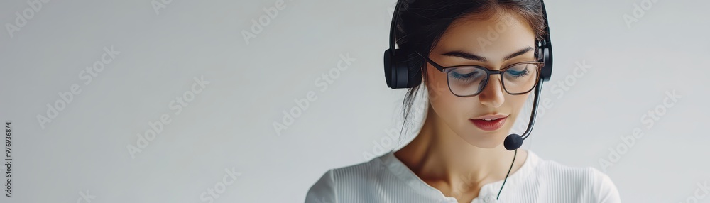 Professional woman wearing a headset and checking documents, remote quality control concept, pure white background Professional woman wearing a headset and checking documents, remote quality control concept, pure white background