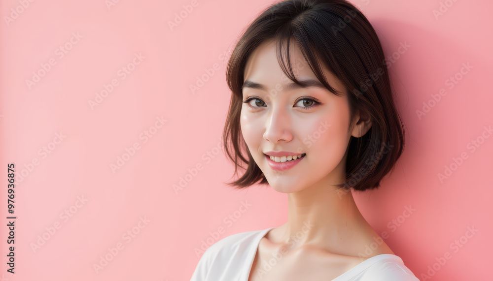 A cheerful young woman with a stylish haircut, posing against a vibrant pink background, radiating confidence and joy. A cheerful young woman with a stylish haircut, posing against a vibrant pink background, radiating confidence and joy.